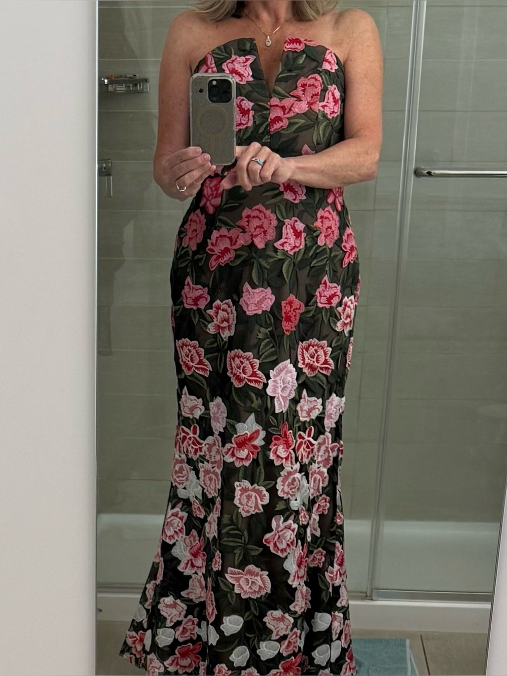 Floral Strapless Maxi Dress in Olive and Pink - Picture 3 of 3